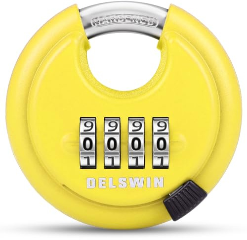 DELSWIN 4 Digit Combination Disc Padlock with Hardened Steel Shackle Combo Lock for Sheds, Storage Unit, School Gym Locker and Fence (Yellow,1Pcs)