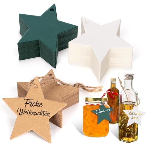 Alintor 120stk. Stern Geschenkanhänger Weihnachten, Weihnachtsanhänger mit 20m Schnur, Perfekt für Likörflaschen, Stempel, Marmeladendeckchen, Geschenktüten, Geschenkband (Grün/Braun/Weiß)（黄白）