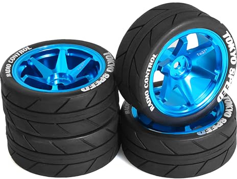 Chanjorlin 1/10 On Road Tires and Aluminum Wheels 12mm Hex RC Rally Racing Tyres OD 2.56 for Tamiya TT01 TT02 XV01 TA06 A959 PTG2 HPI KYOSHO PTG2 Traxxas 1:10 Street Touring Drift Car 4PCS (Blue)