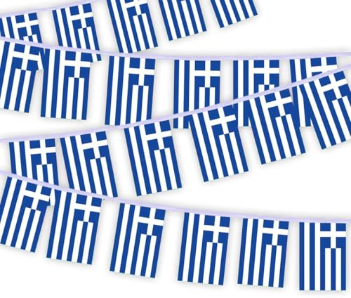 30 PCS Grèce Drapeau Chaîne,32 FT Greek Décor Bunting,Bannière de décoration pour la décoration extérieure de la cour intérieure String Greece
