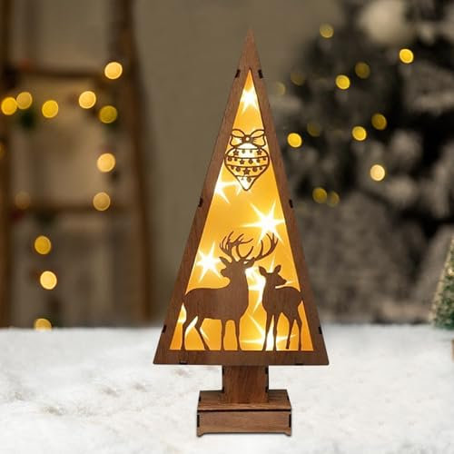 Hekasvm Leuchtender Weihnachtsbaum Holz, Pyramide Lichterkegel, Batteriebetrieb, Weihnachtsbeleuchtung Warmweiß Licht für Weihnachtsdeko, Weihnachten Holz Beleuchtet für Tisch Fenster deko (Rentier)