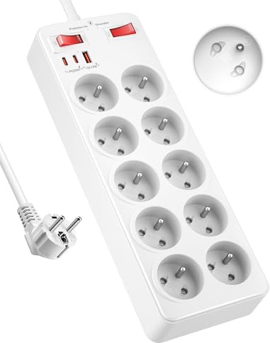 Multiprise 10 Prises Françaises, Bloc Multiprise Parafoudre et Surtension | Prise Multiple USB C avec Interrupteur de Surcharge, avec Terre 16A 2P+T, Rallonge Electrique Murale Câble 2 m, Blanc