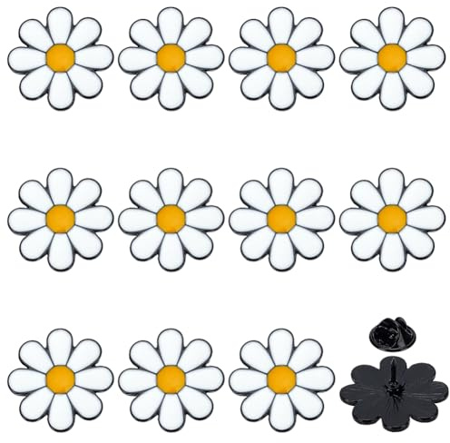 FINGERINSPIRE 12 Stück Emaille Anstecknadeln Mit Gänseblümchen Motiv 23.5mm Durchmesser Weiße Broschen Aus Metalllegierung Für Rucksäcke Kleidung Hüte Kleider Dekoration Perfekt Für Heimwerker