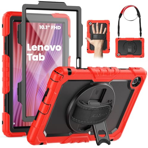 SEYMAC Coque pour Lenovo Tab 10,1 Pouces 2025(TB-311FU/TB-311XU), Rouge | Coque Antichoc pour Lenovo Tab 2025 avec Protecteur d'écran, Support Rotatif à 360° et Dragonne, Bandoulière, Porte-Stylo