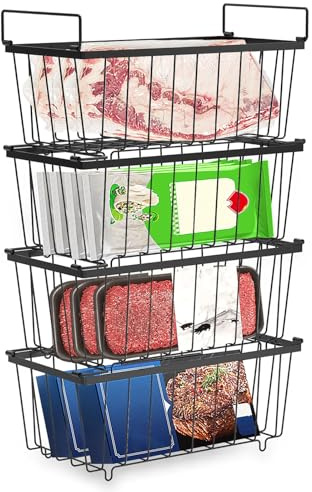 VAVPUP 4-Pack Refrigerator Chest Freezer Baskets,37cm Extra-Large Rustproof Wire Organizers with Collapsible Handles Storage for Kitchen,Pantry,Freezer,Cabinet,Closets (4pcs-black)