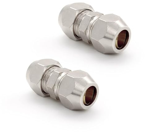 DIYCUT 2 Piezas Racores de Compresión Cobre Niquelado, 8 MM Conector de Tubo de Compresión, Color Plateado Doble Recto Unión de Tuberías, para Sistemas Hidráulicos, Tuberías y Compresores de Aire