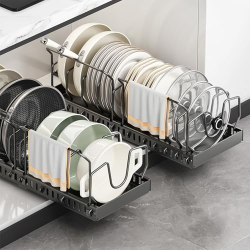 IVTUVTI Ensemble de 2 casseroles et poêles Organisateur avec 2 supports de poignée, Organisateur de couvercle coulissant avec 10 séparateurs de couvercle réglables (Noir)