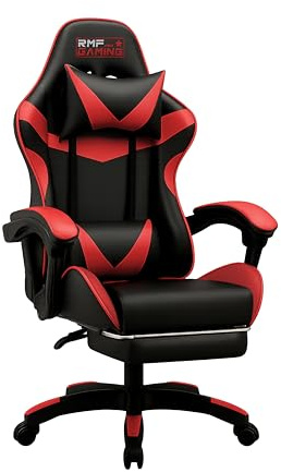 RMF Silla Gaming Profesional Ergonómica Reclinable, Sillón Gaming de Asiento Cómodo y Relajante con Reposapiés - Silla para Gamer con Ruedas Giratorias, Altura Ajustable Rojo/Negro