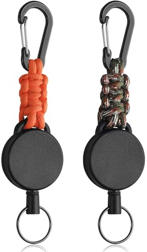 Uniclife 2-pack infällbar nyckelring, indragbar nyckelhållare, kraftig bricka rulle för nycklar och ID-kort, utdragbar bricka hållare klämma med karbinhake paracord och nyckelring (armégrön och orange