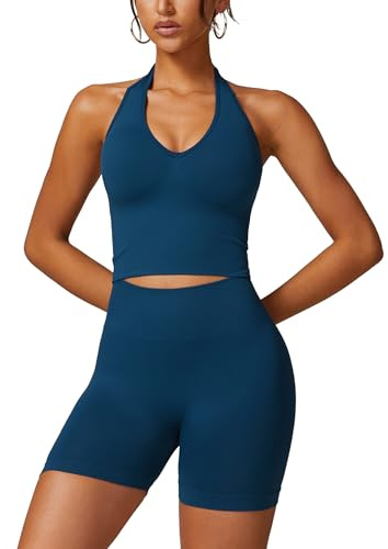 Odizli Sport Set Damen Kurz Neckholder V-Ausschnitt BH Top + High Waist Shorts Gym Fitness Outfit