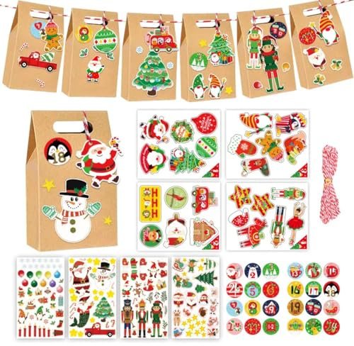 24 Pcs DIY Christmas Advent Calendar Paper Bags Complete Set, Empty 24 Days Christmas Countdown Calendar Gift Boxes to Fill Yourself, Christmas Cardboard Number Boxes Christmas Goody Treat Bags for Kids Adults Family (Brown)