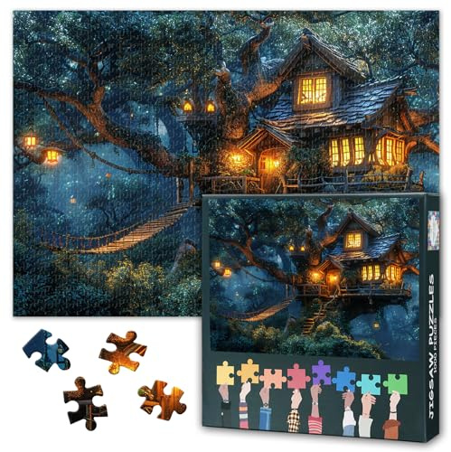 Puzzle pour adultes de 1000 pièces – Cabane dans un arbre enchanté dans une forêt luxuriante et sauvage avec arbres majestueux, puzzle de qualité supérieure de 1000 pièces, puzzle d'évasion de la