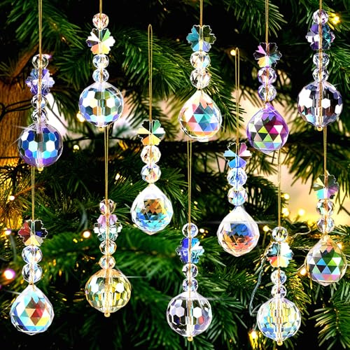 Solihigh Christmas Tree Decorations Crystal Balls Ornaments, 12PCS Rainbow Christmas Prism Glass Balls Ornaments for Xmas Tree Hanging Decorations Party Wedding Home Decor