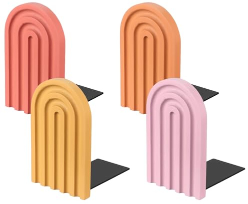 PATIKIL 4Pcs Arch Bookends, Non-Skid Wood Book Ends for Shelves Book Stopper for Holding Books Movie CD Home Office Library Decorative, Red/Yellow/Light Orange/Pink
