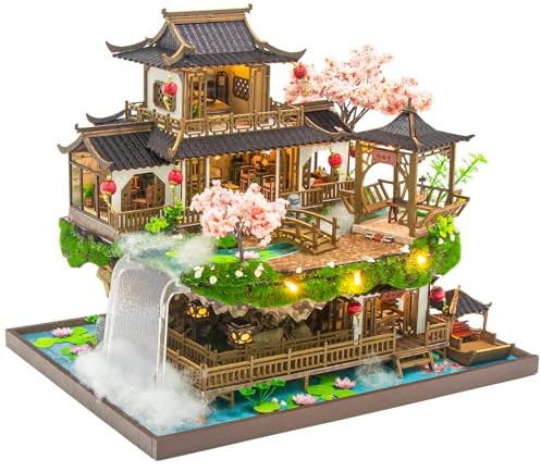 Spilay Miniatur Haus, Chinesisches Gartenhaus Puppenhaus Holz | DIY Miniature House mit LED-Licht und Musikbox, 3D Puzzle für Erwachsene, Miniatur Bausatz, Regal Deko Geschenk