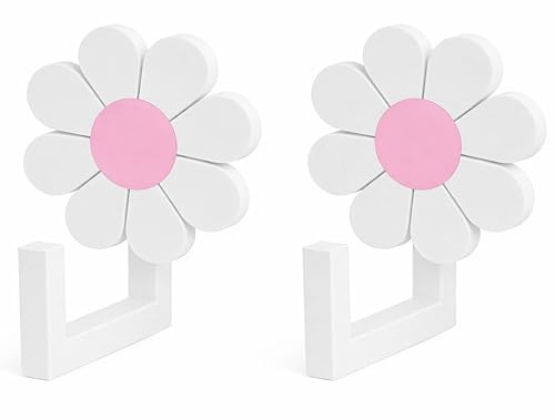 Door Stay 2-Pack Daisy Flower Wall Hooks for Kids – Coat, Towel & Backpack Hangers – Nursery, Bedroom & Playroom Decor – White & Pink