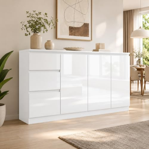 Caldion Sideboard Küche Küchenschrank 3 Schubladen und 3 Türen glänzend für Küche Aufbewahrungsschrank mit Türen Eingangsbereich Wohnzimmer 155 x 40 x 83 cm Weiß