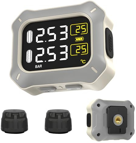 OBEST Sistema de control de presión de neumáticos de motocicleta inalámbrico TPMS, presión de los neumáticos y herramienta de control de temperatura, alimentación USB, pantalla LCD con 2 sensores