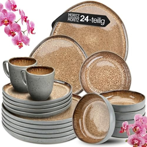 Moritz & Moritz Steingut Geschirrset 6 Personen mit Tassen - 24-teiliges Geschirr Set - Teller Set bestehend aus 6x Dinnerteller, Dessertteller, Suppenteller und Tassen - Serie Organic