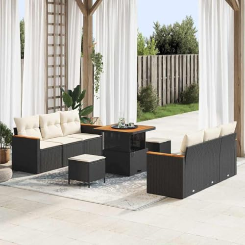 Frdhee Lounge Möbel Outdoor Eckbankgruppe,Garten-Sofa-Set mit Kissen 9 pcs Schwarz Poly Rattan,Gartenmöbel für Innen und Außen