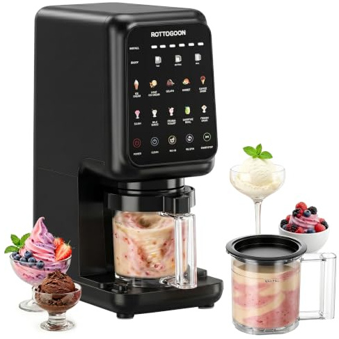 ROTTOGOON Eismaschine 10 Funktionen mit Mix In Funktion & Selbstreinigend | LED Touchscreen, Einfache 4 Schritte, 2-in-1 Softeismaschine, inkl. 3 Behältern, Sorbet, Gelato, Milchshakes, Frozen Yogurt
