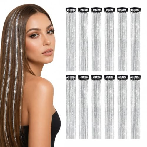 12PCS Hair Tinsel Clip In Glitter Extensions Holographic Synthetic Strands With Metal Snap Clips For Adults Women Silver Colour Festival Accessories Set For Nightclub Concerts Hen Do Everyday Wear