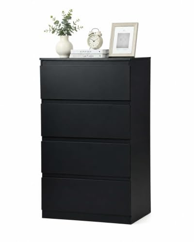 Amveya Kommode Schwarz mit 4 Schubladen Schubladenkommode 60 cm breit Kommodenschrank Schrank mit Schubladen Hohes Sideboard für Schlafzimmer Wohnzimmer Flur Büro 60x40x98 cm