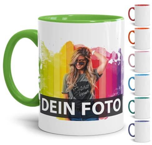 Tasse selbst individuell gestalten/Personalisierbar mit eigenem Foto bedrucken/Fototasse/Motivtasse/Werbetasse/Firmentasse mit Logo/Innen & Henkel Hellgrün