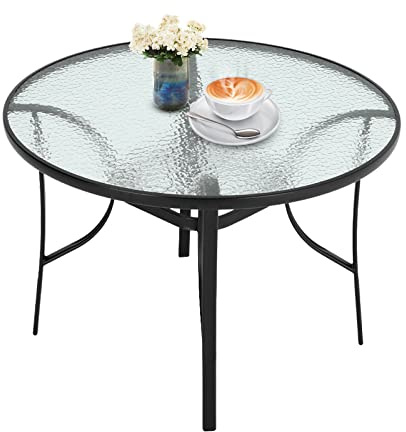 DKIEI 105cm Round Outdoor Dining Table Coffee Table Patio Table Garden Dining Table Patio Bistro Steel Frame Tempered Glass Table Top with Umbrella Hole for Yard Bistro Lawn Balcony Black