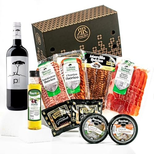 ENRIQUE RECH - Cesta Gourmet para Regalar – Lote Embutidos Ibericos - Cremas de Queso y Sobrasada – Picos Artesanos – Vino Tinto y Aceite Oliva Virgen Extra - Cesta Regalo