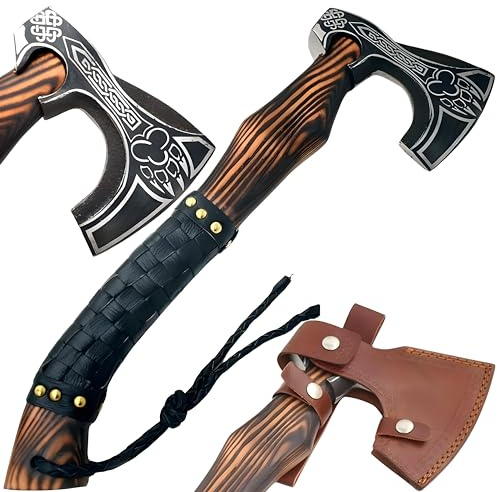 Medieval Style Viking Hatchet – Handmade Hand Forged Tomahawk Axe for Camping & Hunting (Black & Brown 6054)