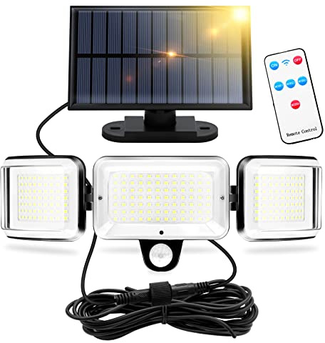 1 Stück Solarlampen für Außen mit Bewegungsmelder, Solar Strahler Außen | Solar Wandleuchte, 224 LEDs, 1600 Lumens, 5m Kabel, 4 Modi, mit Fernbedienung, für Garten/Carport/Deck/Terrasse