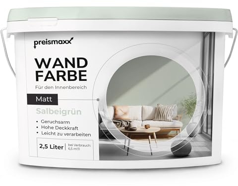 Preismaxx Wandfarbe Grün Salbeigrün hohe Deckkraft matt hochdeckend 2,5l | Für Wände, Decken, Putz, Tapete & Altanstriche, geruchsarm, tropfgehemmt, Renovierung & Neuanstrich