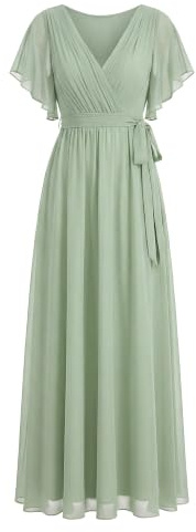 Ever-Pretty Maxi Scollo a V Increspato Busto Chiffon Abito da Sera Formale con Maniche 0164A | Abito per la madre della sposa, abito da matrimonio, estivo, linea A, maniche a volant, plissettato