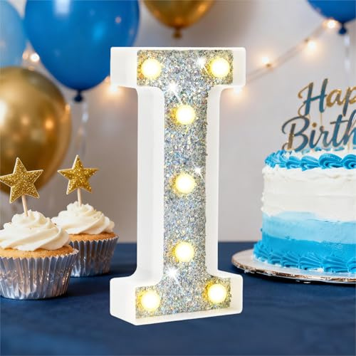 LED Marquee Letter Lights, Light Up Silver Letters for Bedroom Glitter Gifts for Teenage Girls Alphabet Letter Sign Battery Powered Night Light Birthday Party Wedding Home Decoration, Silver Letter I