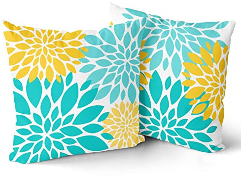 ABSOP Blumen-Kissenbezüge, dekoratives Wurfkissen, gelb-blau, Blumenmuster, 50,8 x 50,8 cm, 2er-Set, Baumwolle, Dahlie, Türkis, Kissenbezug für Couch, Sofa, Bett, Zimmer, Heimdekoration, Kissenbezüge