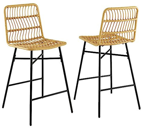 HOMASIS 2er Set Barhocker aus Rattan mit robustem Metallgestell, Barstühle mit Rückenlehne und Fußstütze, Moderne Küchenstühle für Bar, Restaurant & Bistro, 49 x 56 x 104 cm, Natur