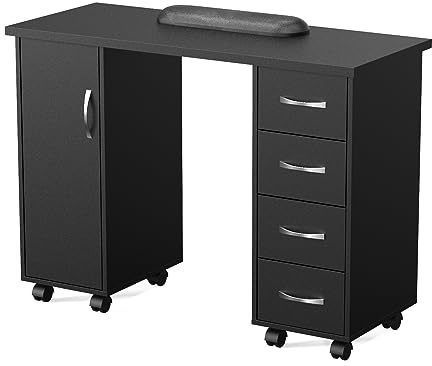 LEADZM Manicure Table Nail Desk w/Cabinet, Drawers, Wheels & Arm Rest, Spa Salon Beauty Home Wooden Technician Workstation Nail Art Equipment for Nail Tech, 43.3 L x 31.5 H x 17.7 W (Black)