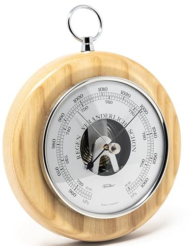 Fischer 1366RS-32 Barometer - 140 mm Druckmessgerät mit Esche-Echtholz-Gehäuse gebeizt - Messing - Made in Germany