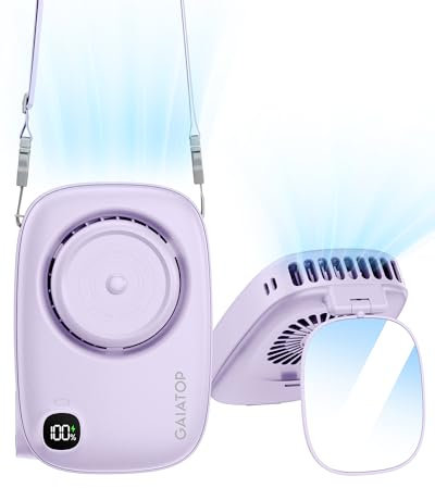 gaiatop Mini Neck Fan, Rechargeable LED Power Display 3 Speed 360°Rotate Lash Makeup Mirror Cute Camera Design, Small Portable USB Handheld Desk Fans Personal Cooling Travel Essentials Purple