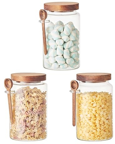 Eden & Willow Glass Kitchen Storage Jar with Acacia Lid and Wooden Spoon | Borosilicate Glass Food Canister with Spoon Holder | BPA-Free Mason Jar for Sugar, Spices, and Dry Foods (3, 1L)