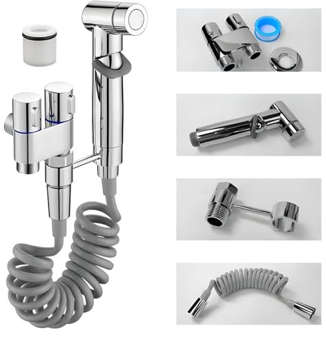 Doccetta per Bidet, Valvola a Doppio Controllo con 1 Ingresso e 2 Uscite, Maniglia Cromata, Spruzzatore per Bidet Portatile per WC, Bagno e Bidet (Argento)