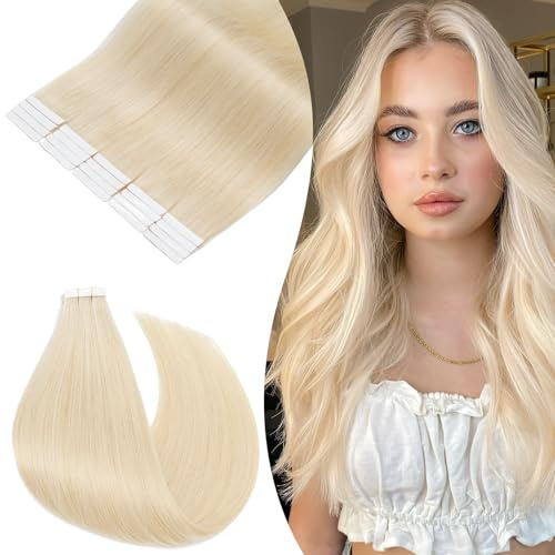 Rich Choices Tape Extensions Echthaar Tape in Extensions 35cm 20 Stück #60 Platinblond Haarverlängerung Echthaar Remy Seidig Gerade Invisible Tape ins Haar Extensions Natürliche Haarverdichterung
