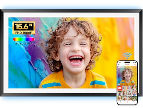 Frameo Digital Photo Frame -15.6 WiFi Large Digital Picture Frame with 1920x1080 FHD IPS Touchscreen, Built-in 64GB Storage, Instant Sharing via Frameo App,Auto-Rotation