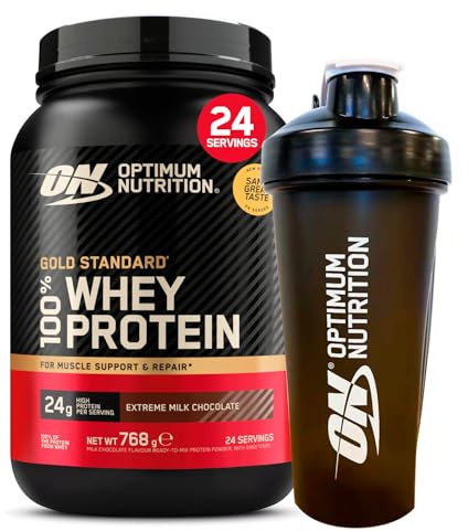 Optimum Nutrition Gold Standard 100% Whey Proteine in Polvere per Massa Muscolare Cioccolato al Latte 768g 24 Porzioni + SHAKER + REFORCE STEEL SHAKER