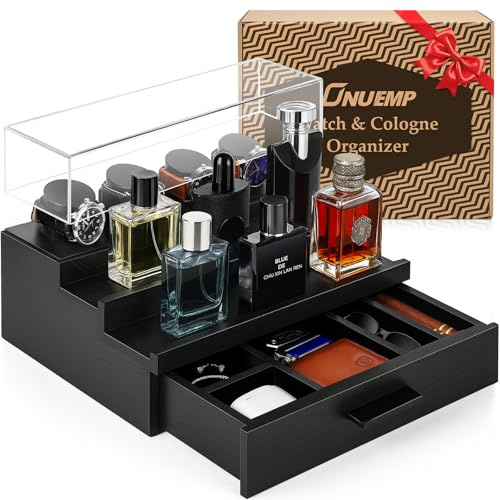 Caja de reloj de madera, organizador de relojes de lujo para hombre con cubierta de acrílico, regalo para hombres, soporte de perfume de 2 niveles, caja de joyas para hombres