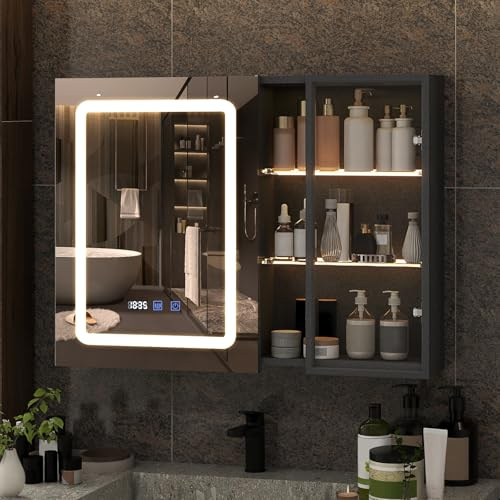 YU YUSING Spiegelschrank Bad mit Beleuchtung 80x60cm, LED Badezimmerschrank | mit Spiegel, 2 Beleuchtete Glasregale, 3 Dimmbare Farben, Beschlagfrei, Wandschrank Hängeschrank, Badspiegel, Schwarz