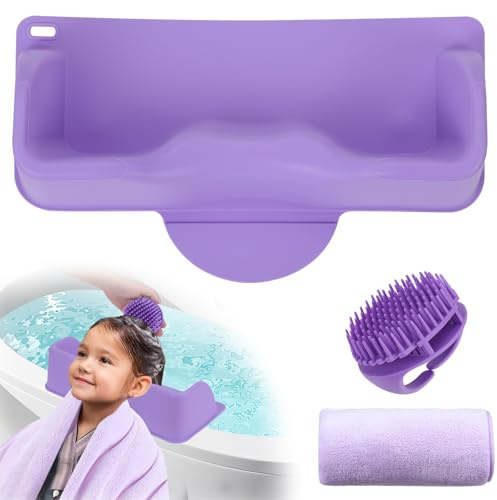 Jhua Portable Hair Washing Station for Kids Sink Bathtub Hair Washing Basin, Silicone Tear-Free Shampoo Bowl Wash Basin with Scalp Massager, Towel, Neck Support for Children Kids Teens Seniors, Purple