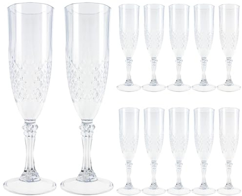 Alongen 12Pcs Champagne Flutes,207ml Reusable Plastic Wine Glasses Comfortable Grip Wine Goblet Unbreakable Flat Bottom Goblet Easy to Carry for Party Picnic (Transparent Color)