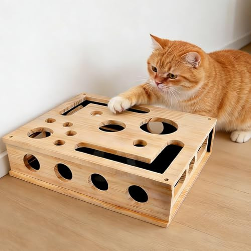 Katzenkratzpuzzle Anreicherungsbox, Katzen Kratzbrett, 30X25CM Holz Katze Nagelfeile Kratzanreicherung Box für Kätzchen, Katzenspielzeug Interaktives Katzen Kratz Puzzle für Indoor Katzen Kratzen